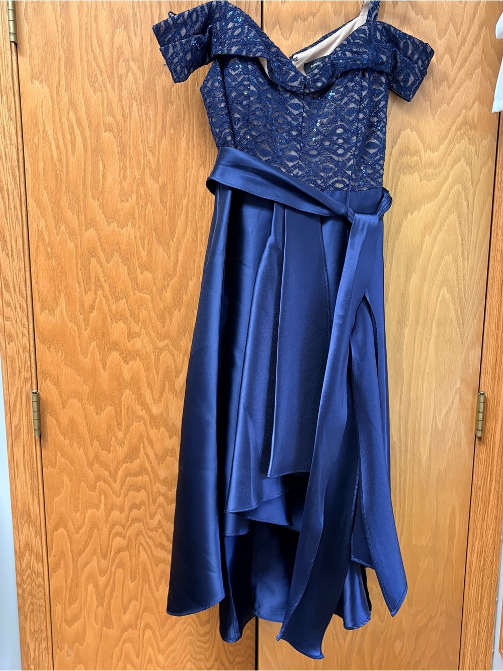 R&MRichards Navy Lace Off-Shoulder High-Low Satin Dress